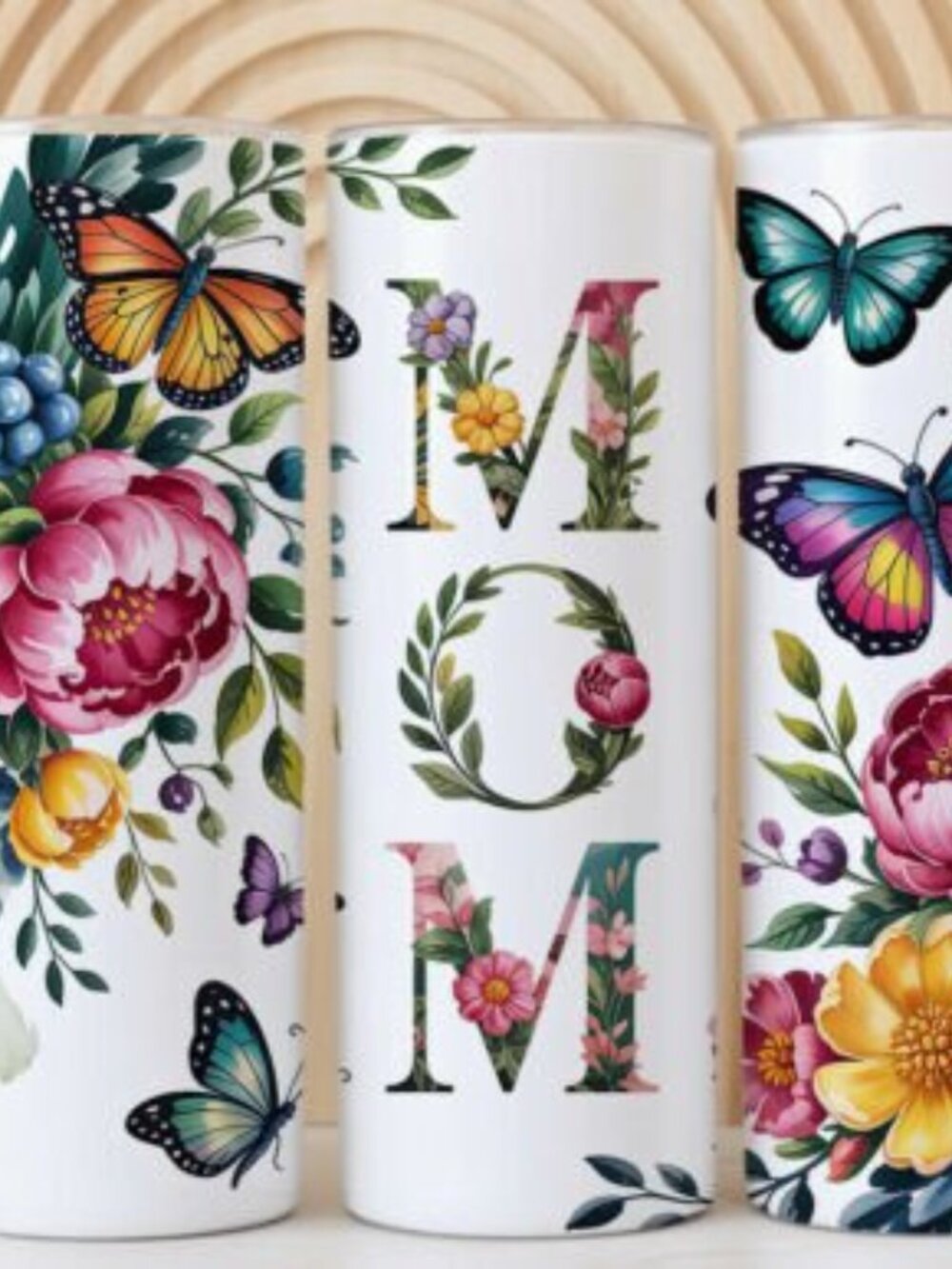 Floral "MOM" 20 oz Skinny Tumbler – Butterfly & Botanical Design – New